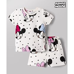 Babyhug Disney 100% Cotton Knit Half Sleeves Co-Ords T-Shirt & Shorts Night Suit With Minnie Mouse Graphic - White