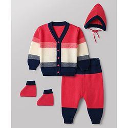 Babyhug Knit Sweater Set Full Sleeves with With Mittens & Cap and Color Block Design in Dark Pink