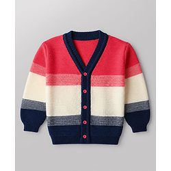 Babyhug Knit Sweater Set Full Sleeves with With Mittens & Cap and Color Block Design in Dark Pink