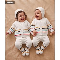 Babyhug Knit Full Sleeves Striped Sweater Set with Cap & Mittens - Offwhite