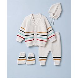 Babyhug Knit Full Sleeves Striped Sweater Set with Cap & Mittens - Offwhite