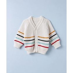 Babyhug Knit Full Sleeves Striped Sweater Set with Cap & Mittens - Offwhite