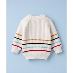 Babyhug Knit Full Sleeves Striped Sweater Set with Cap & Mittens - Offwhite