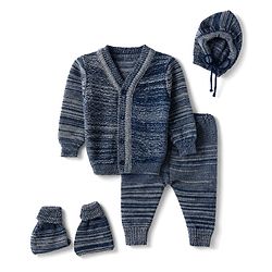 Babyhug Knit Full Sleeves Sweater Set with Cap & Mittens - Navy Blue