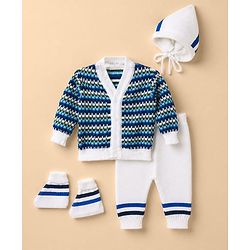 Babyhug Knit Full Sleeves Sweater Set With Cap Booties & Stripes Design - Blue