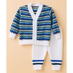 Babyhug Knit Full Sleeves Sweater Set With Cap Booties & Stripes Design - Blue
