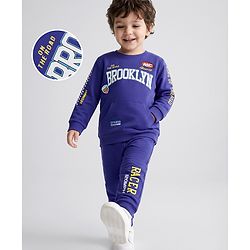 Babyhug 100% Cotton Terry Knit Full Sleeves Text Printed T-Shirt & Lounge Pant Set - Purple