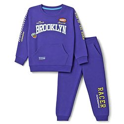Babyhug 100% Cotton Terry Knit Full Sleeves Text Printed T-Shirt & Lounge Pant Set - Purple