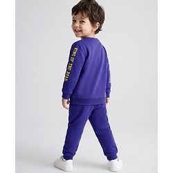 Babyhug 100% Cotton Terry Knit Full Sleeves Text Printed T-Shirt & Lounge Pant Set - Purple