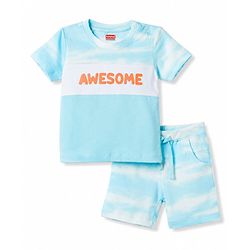 Babyhug 100% Cotton Single Jersey Knit Half Sleeves T-Shirt & Shorts With Text Print - Light Blue
