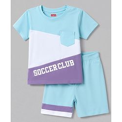 Babyhug 100% Cotton Single Jersey Knit Half Sleeves Cut & Sew Colour Block Text Printed T-Shirt & Shorts Set - Light Blue