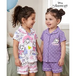 Babyhug Disney Single Jersey Knit Half Sleeves Shirt & Shorts Co-ords Night Suit with Marie Graphics Pack of 2- Multicolour