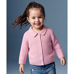 Babyhug Select Knit Full Sleeves Solid Colour Collar Neck Front Open Sweater with Cable Knit Design - Pink