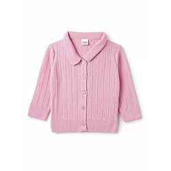 Babyhug Select Knit Full Sleeves Solid Colour Collar Neck Front Open Sweater with Cable Knit Design - Pink