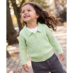 Babyhug Select Knit Full Sleeves Solid Colour Collar Neck Front Open Sweater with Cable Knit Design - Light Green