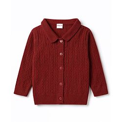 Babyhug Select Knit Full Sleeves Solid Colour Collar Neck Front Open Sweater with Cable Knit Design - Rust Orange