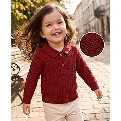 Babyhug Select Knit Full Sleeves Solid Colour Collar Neck Front Open Sweater with Cable Knit Design - Rust Orange