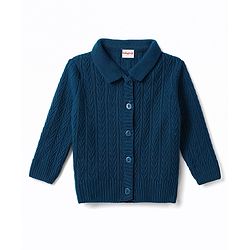 Babyhug Select Knit Full Sleeves Solid Colour Collar Neck Front Open Sweater with Cable Knit Design - Navy