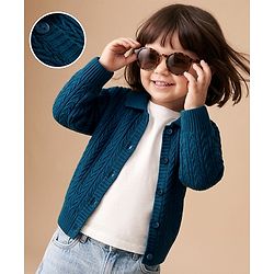 Babyhug Select Knit Full Sleeves Solid Colour Collar Neck Front Open Sweater with Cable Knit Design - Navy