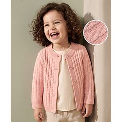 Babyhug  Knit Full Sleeves Front Open Sweaters With Cable Knit Design - Pink