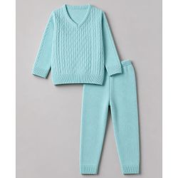Babyhug Knit Full Sleeves Sweater Set With Cable Knit - Light Blue