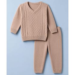 Babyhug Knit Full Sleeves Sweater Set With Cable Knit - Light Brown