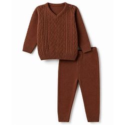 Babyhug Knit Full Sleeves Sweater Set With Cable Knit - Brown