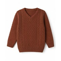 Babyhug Knit Full Sleeves Sweater Set With Cable Knit - Brown