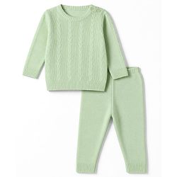 Babyhug Knit Full Sleeves Sweater Set With Cable Knit Design - Light Green