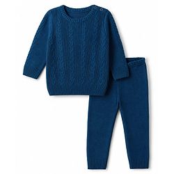 Babyhug Knit Full Sleeves Sweater Set With Cable Knit Design - Teal Blue