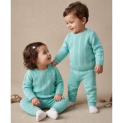 Babyhug Knit Full Sleeves Cable Design Sweater Set - Light Blue