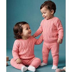 Babyhug Knit Full Sleeves Cable Design Sweater Set - Peach