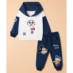 Babyhug Disney Terry Knit Full Sleeves Hooded T-shirt and Joggers Set With Mickey Mouse Graphic - Navy Blue