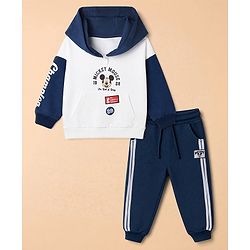 Babyhug Disney Terry Knit Full Sleeves Hooded T-shirt and Joggers Set With Mickey Mouse Graphic - Navy Blue