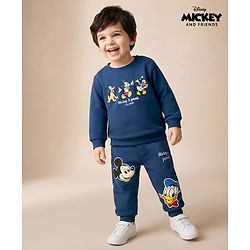 Babyhyug Disney 100% Cotton Terry Knit Full Sleeves T-Shirt & Jogger Set Mickey & Donald Print - Navy Blue
