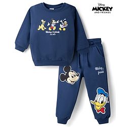 Babyhyug Disney 100% Cotton Terry Knit Full Sleeves T-Shirt & Jogger Set Mickey & Donald Print - Navy Blue