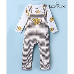 Babyhug Disney 100% Cotton Single Jersey Knit Full Sleeves Dungaree and Tee with The Lion King Graphic Print & Patch - White