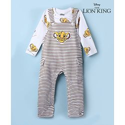 Babyhug Disney 100% Cotton Single Jersey Knit Full Sleeves Dungaree and Tee with The Lion King Graphic Print & Patch - White