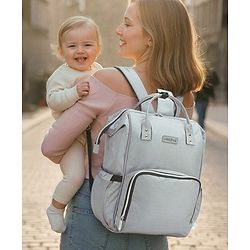 Babyhug Premium Multifunctional and Spacious Textured Diaper Backpack - Grey| 100% Polyester| Wide Fish Mouth Opening| Insulated Feeding Bottle Pouches| Wipes Dispenser| Easy Access Back Opening