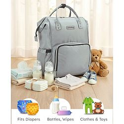 Babyhug Premium Multifunctional and Spacious Textured Diaper Backpack - Grey| 100% Polyester| Wide Fish Mouth Opening| Insulated Feeding Bottle Pouches| Wipes Dispenser| Easy Access Back Opening