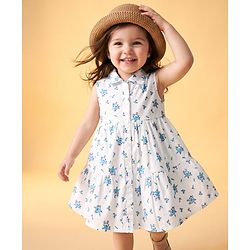Babyhug Twill Woven One Piece Dress with Sleeveless and Floral Print - White