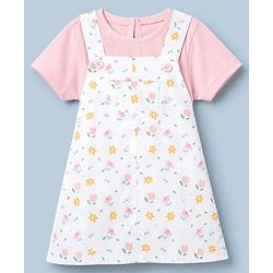 Babyhug Twill Woven Frock and Tee with Half Sleeves and Floral Print - White