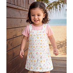 Babyhug Twill Woven Frock and Tee with Half Sleeves and Floral Print - White