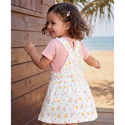 Babyhug Twill Woven Frock and Tee with Half Sleeves and Floral Print - White