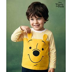 Babyhug Disney Cotton Knit Striped T-Shirt with Full Sleeves and Winnie The Pooh Print - Yellow