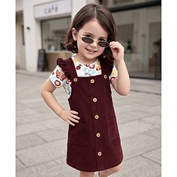 Babyhug Corduroy Woven Frock with Inner Tee with Half Sleeves and Butterfly Print - Maroon