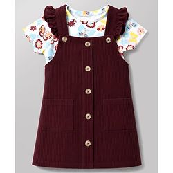Babyhug Corduroy Woven Frock with Inner Tee with Half Sleeves and Butterfly Print - Maroon