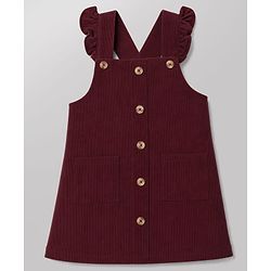Babyhug Corduroy Woven Frock with Inner Tee with Half Sleeves and Butterfly Print - Maroon