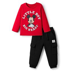 Babyhug Disney Single Jersey Knit Full Sleeves T-Shirt & Joggers Set With Mickey Mouse Graphic - Red