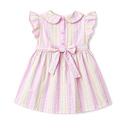 Babyhug Woven Frill Sleeves Peter Pan Collared Smocked Striped Frock - Pink